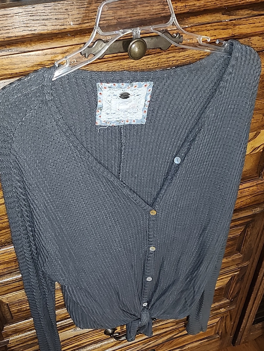 Cupio Charcoal V-Neck Waffle Knit Tie-Front Top